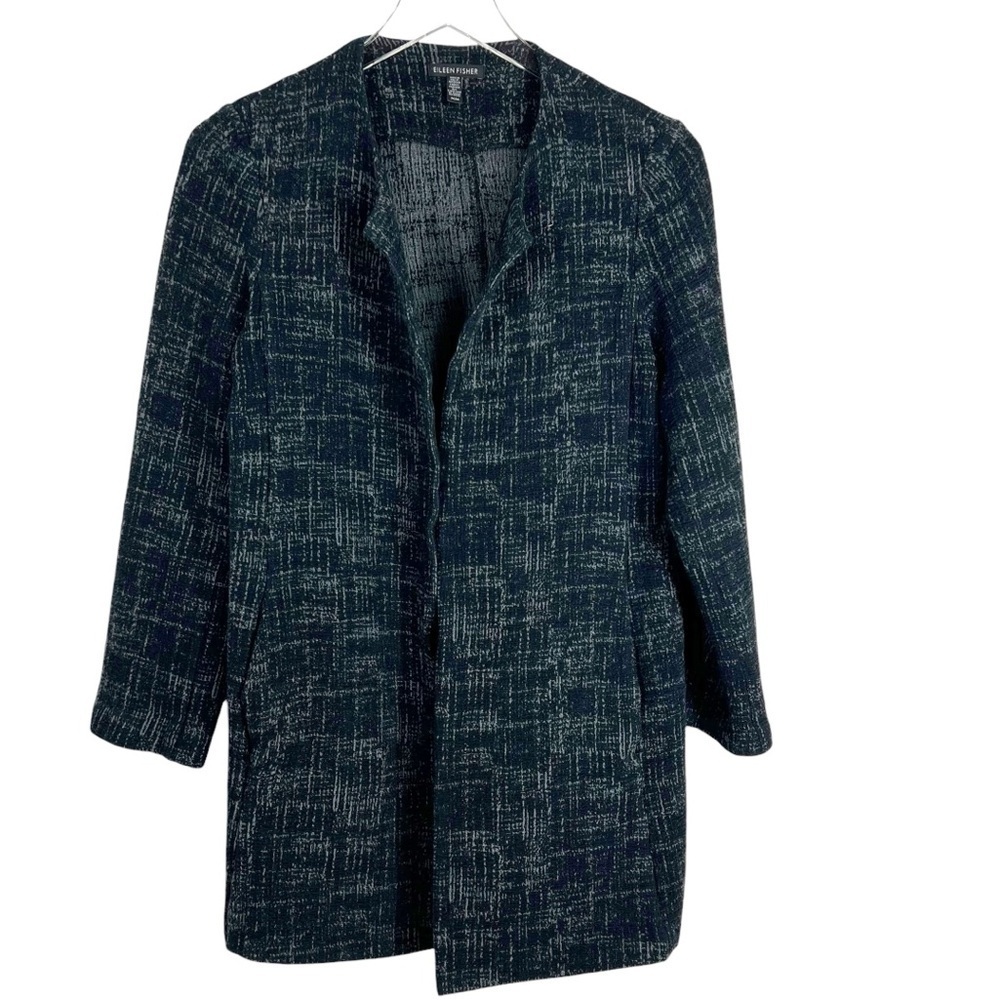 EILEEN FISHER Crosshatch Jacquard Jacket Grey Open Front Long Cardigan Medium